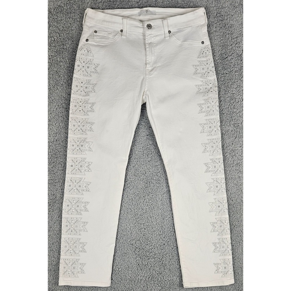 7 For All Mankind Women's Jeans 30x26 White Studded Slim Straight Stretch Denim